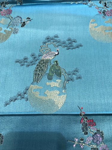 Vintage Fou Wah Silk Fabric 5 Yards Turquoise Blue Peacocks