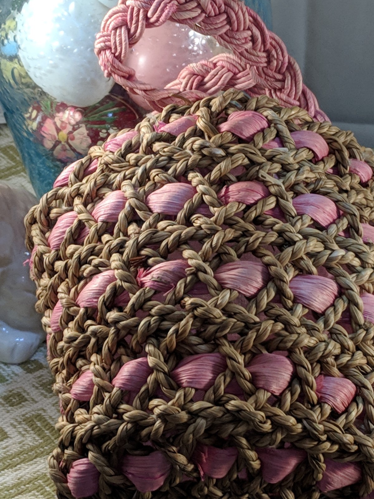 Pink and Natural Woven Hand  Basket