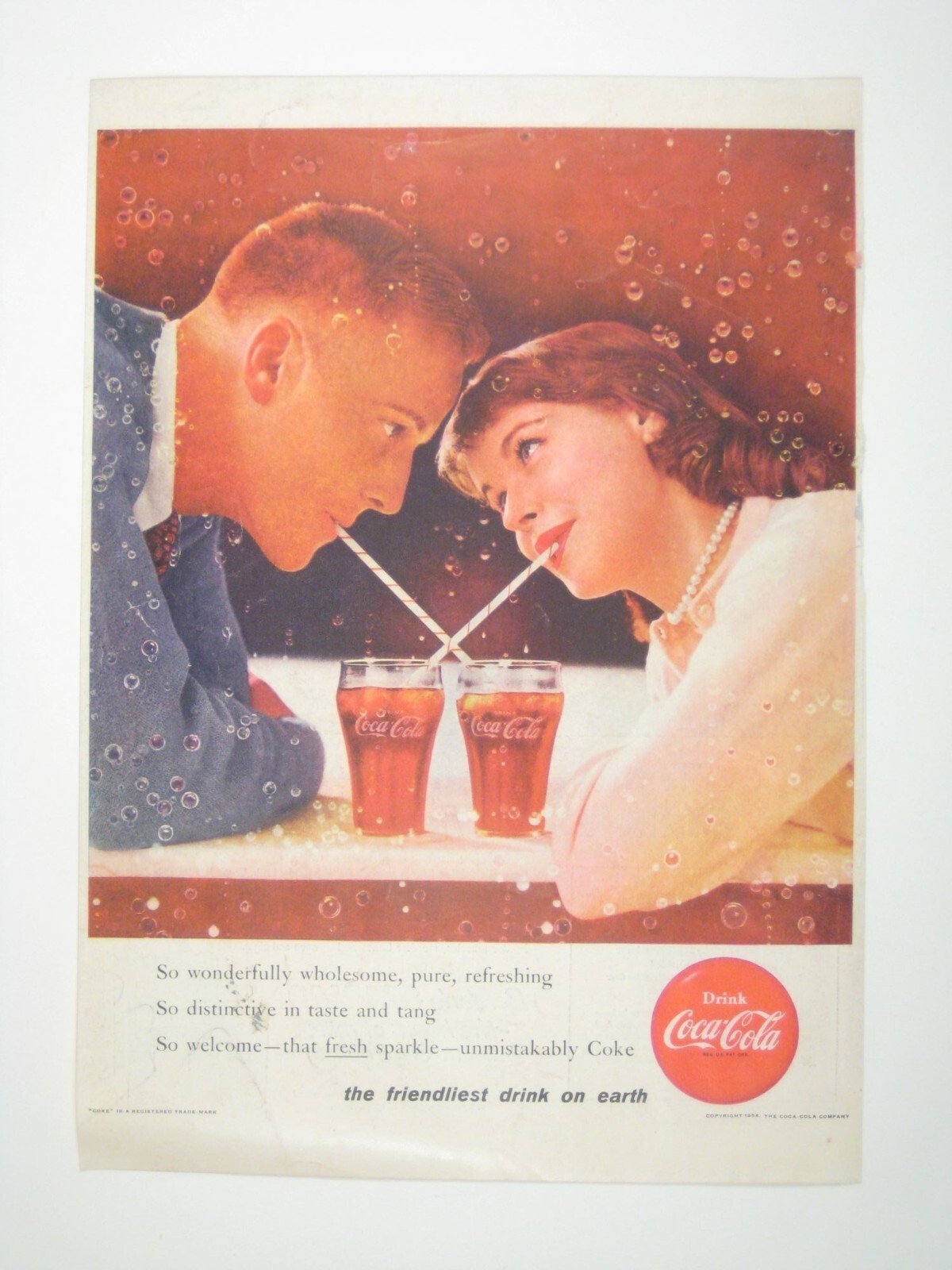 Vintage 1956 Coca-Cola Print Ad Couple Sharing Soda Bubbles