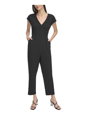 CALVIN KLEIN Womens Black Waist Tapered Leg Short Sleeve Cropped Jumpsuit 12