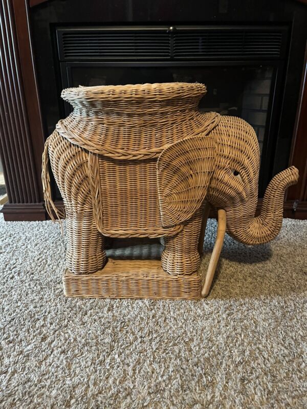 Vintage Rattan Natural Wicker Elephant Decorative End Table