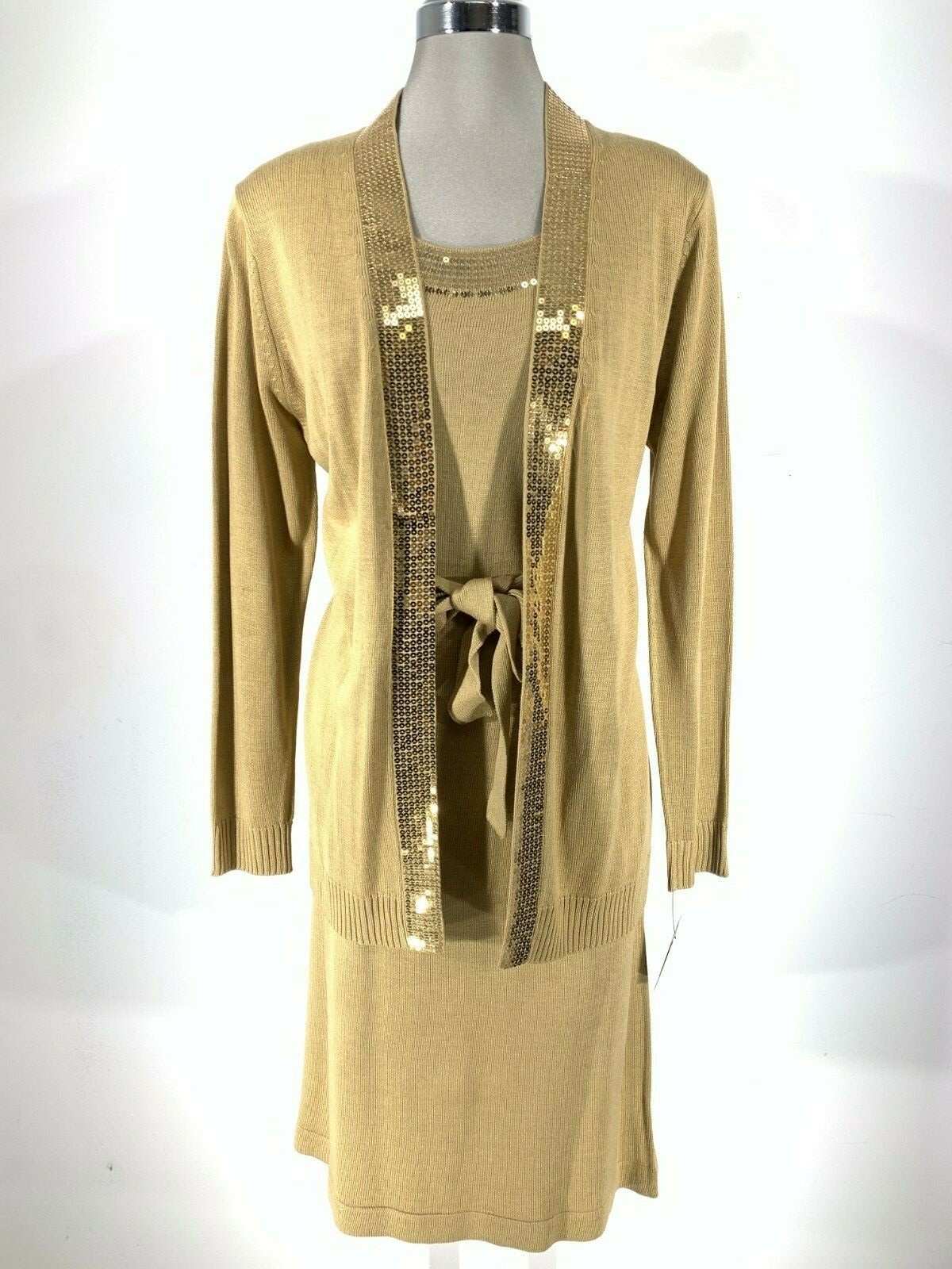 

LESLIE FAY NWT Элегантное платье-кардиган с золотыми пайетками, 2 шт., платье-свитер цвета хаки, размер M, L, Khaki