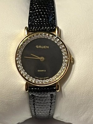 Vintage Gruen Women Diamond Quartz Watch Black Dial Leather BandNWOT