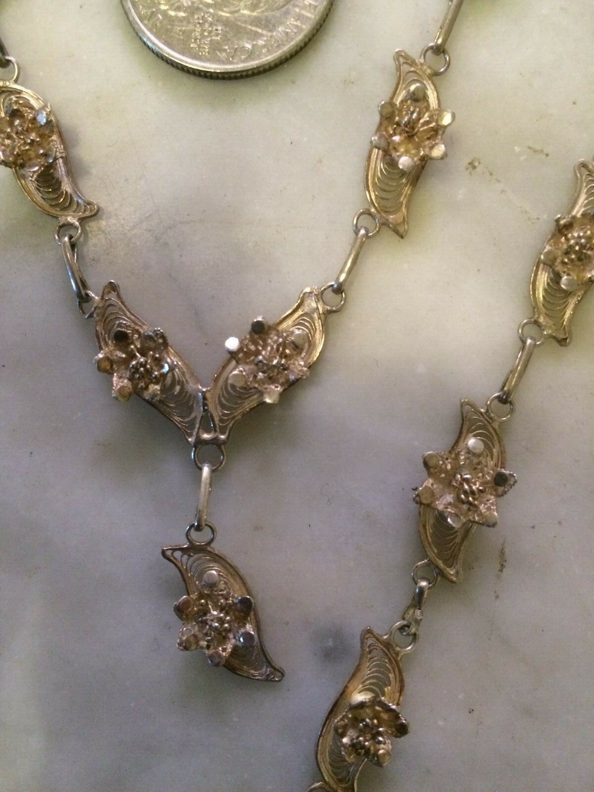 Vtg 1960 925 sterling silver roses leaves filigree mesh  bracelet necklace set