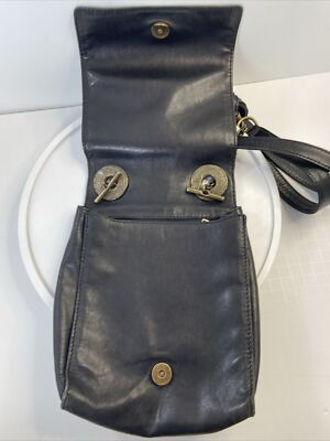 Vintage Donna Karan New York Womens Strap Flap Shoulder Handbag Black Leather