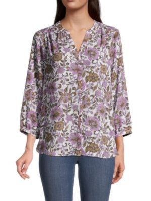 

Женская блузка NYDJ с цветочным принтом цвета слоновой кости, рукавом 3/4 и V-образным вырезом, Цвет слоновой кости