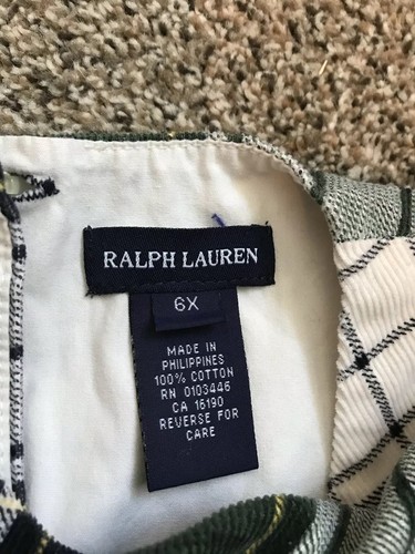 Ralph Lauren Girls Green/Navy Plaid Corduroy Jumper Dress School Uniform Sz 6X