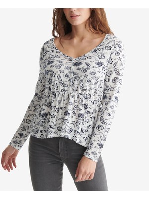 

LUCKY BRAND Женский белый топ с круглым вырезом и длинными рукавами с цветочным принтом