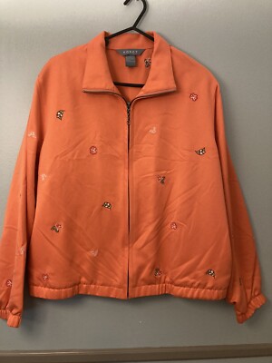 Koret Jacket Womens Large Zip Floral Coral Peach Embroidered Flower Spring Beach