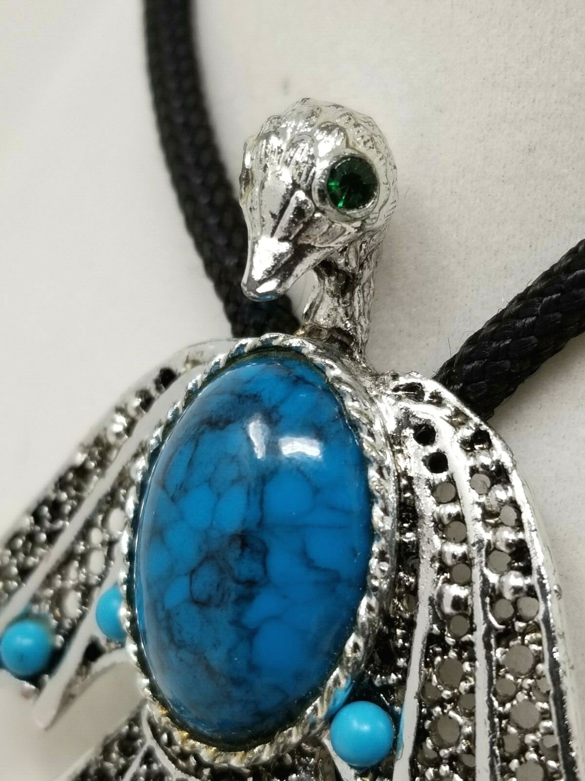 Bolo Tie Phoenix Bird Turquoise Western Cowboy Green Rhinestones Eyes