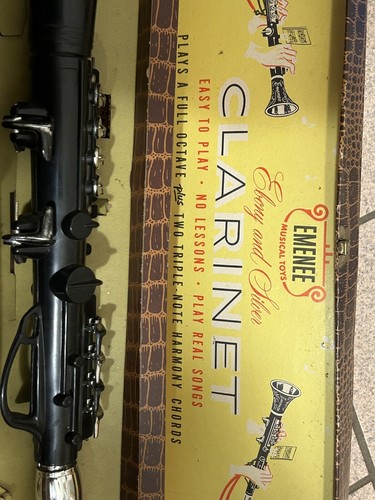 Vintage Ebony & Silver Clarinet Emenee Industry Musical Toys In Original Box