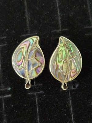 Vintage Alpaca Silver Earrings Abalone Inlay Mexico Screw Back Leaf