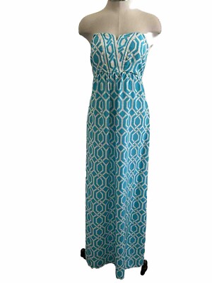 Alice & Trixie Turquoise Geometric Print Silk Maxi Dress Strapless Size Large