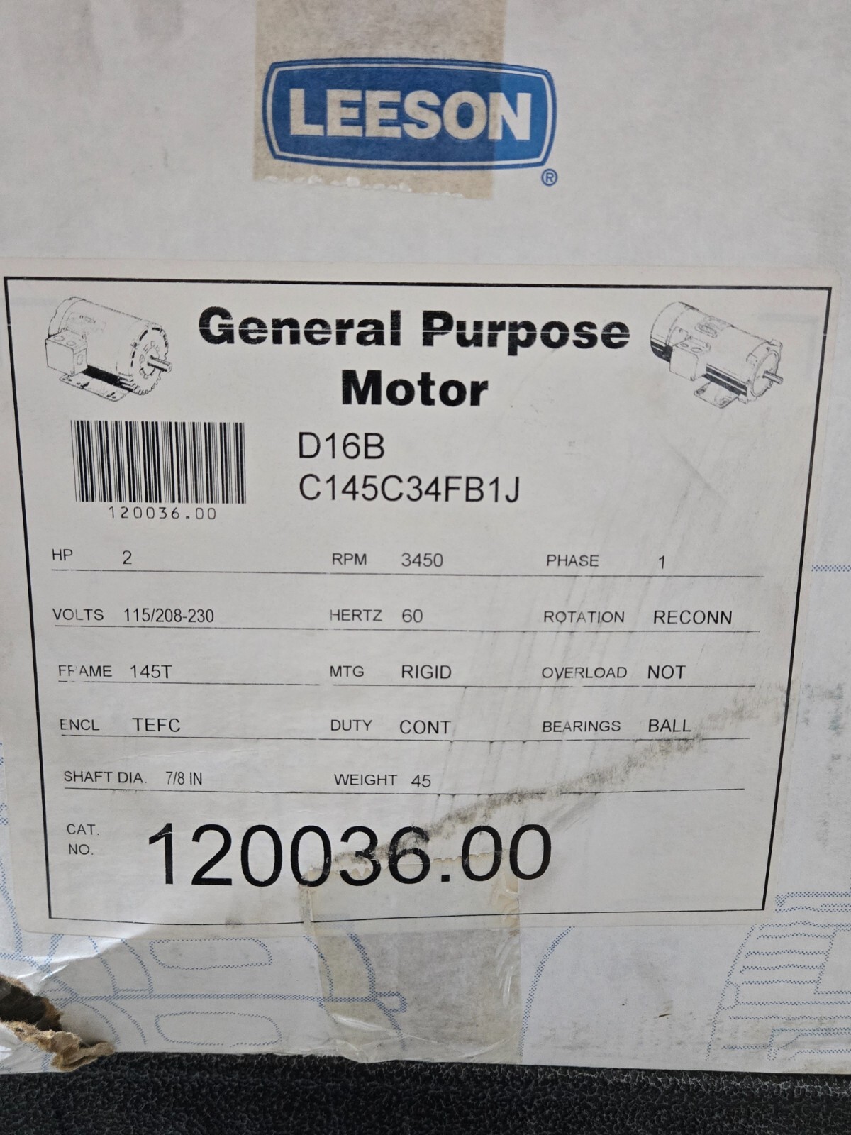 2 hp leeson  3600rpm 145t tefc 115-208/230v  ph1 cat 120036.00 [Location F-2]