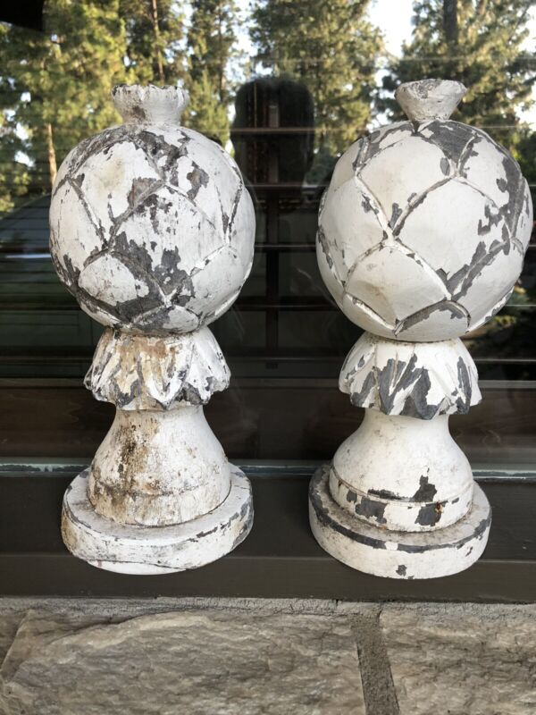 Stunning Pair Antique Distressed Wood Pineapple Finials 12”