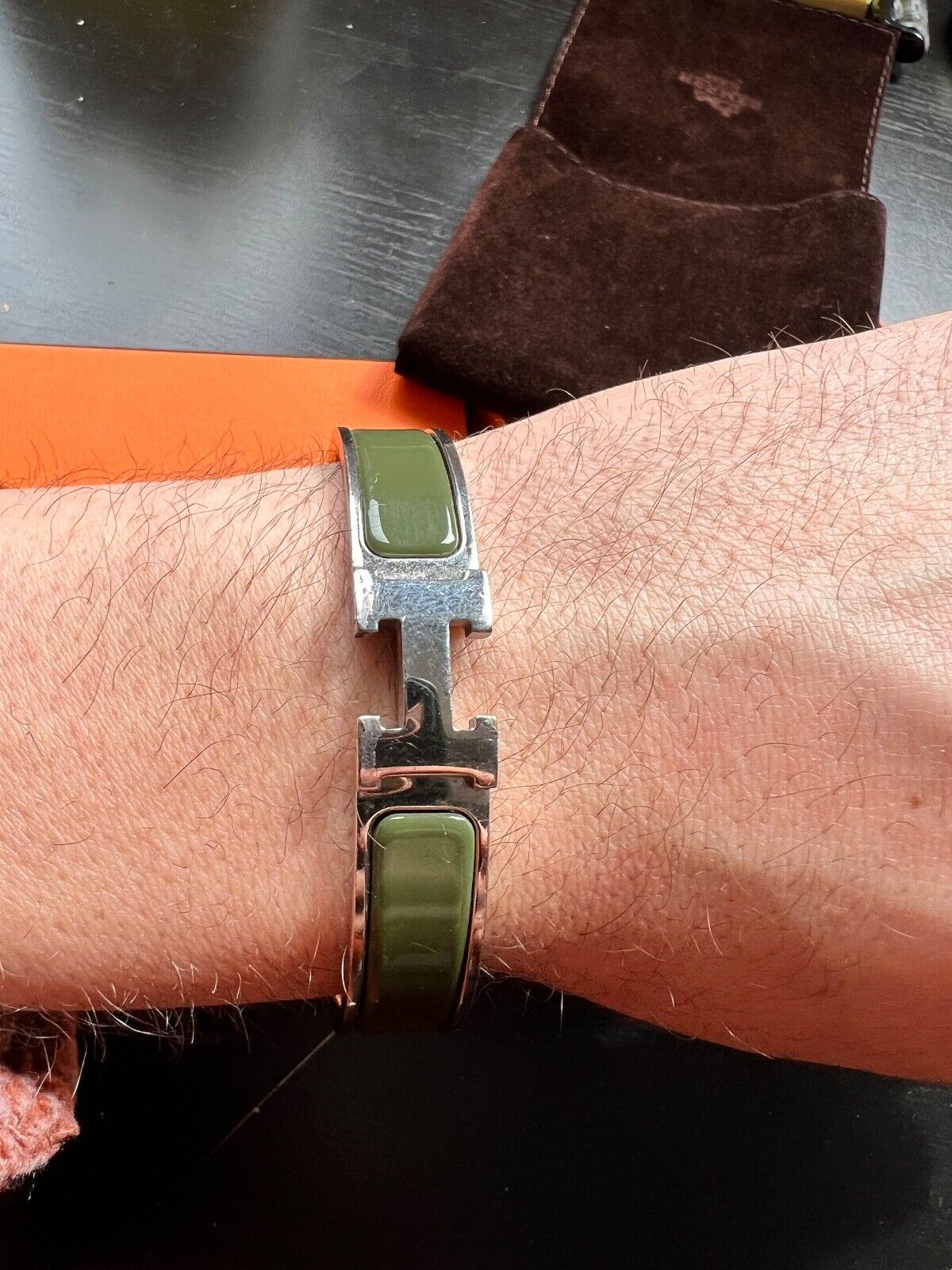Hermès - Clic Clac H Bracelet in GM Green Olive/Silver Along Hermès - Clic Clac H Bracelet in GM Green Olive/Silver Along