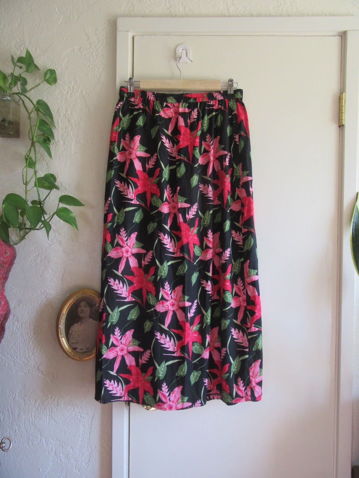 Field Manor Black Red Pink Floral Tropical Print Silk Blend Maxi Skirt, Large
