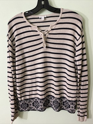 J Jill Sweater White and Navy Blue Stripes  Lace Up Tie Neck Cotton Blend Small