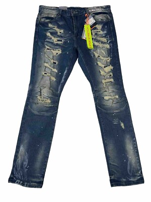 Smoke Rise MEN DISTRESSED DENIM SLIM  FIT JEANS BLUE JP20634H 38x34 INDIGO