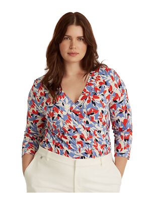 

LAUREN RALPH LAUREN Женский синий приталенный топ с рукавами 3/4 и вырезом плюс