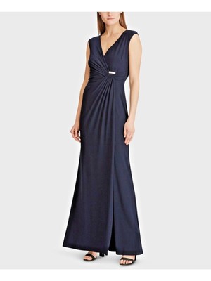 

Женское вечернее платье RALPH LAUREN темно-синего цвета с рюшами и рюшами без рукавов, Navy