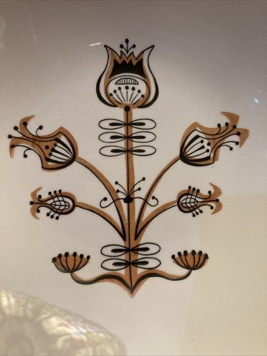 Retro Mid Century Round Serving Bowl 9 " Gold Black Leaf Flower Tree