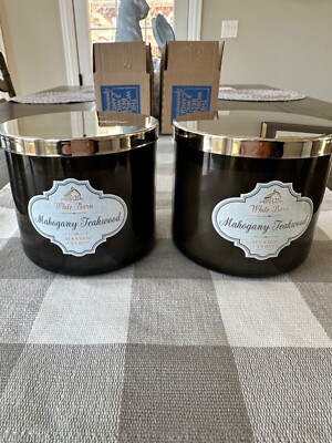 2 White Barn Mahogany Teakwood Scented 3-Wick Candle Bath & Body Works NEW