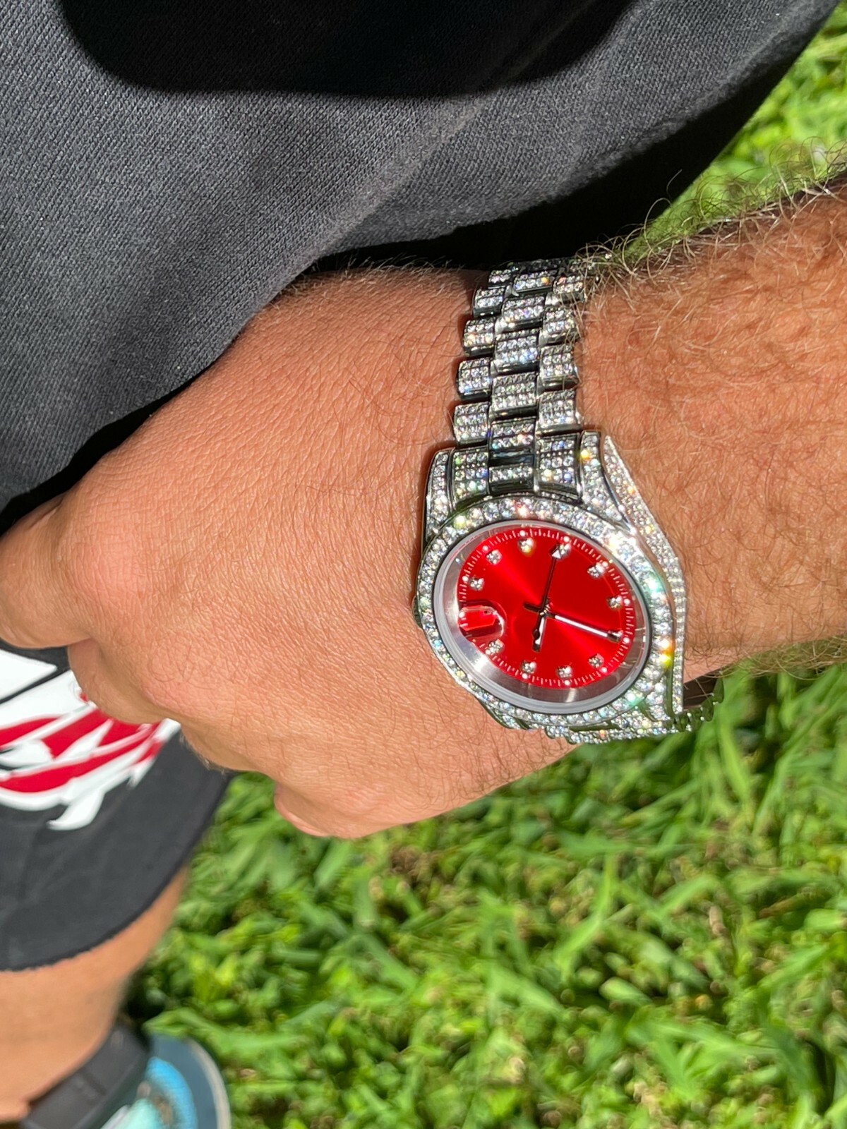 Pre-owned Harlembling Men Red Dial Presidential Real Ss 41mm Watch Fully Iced 12ct Flooded Out Cz