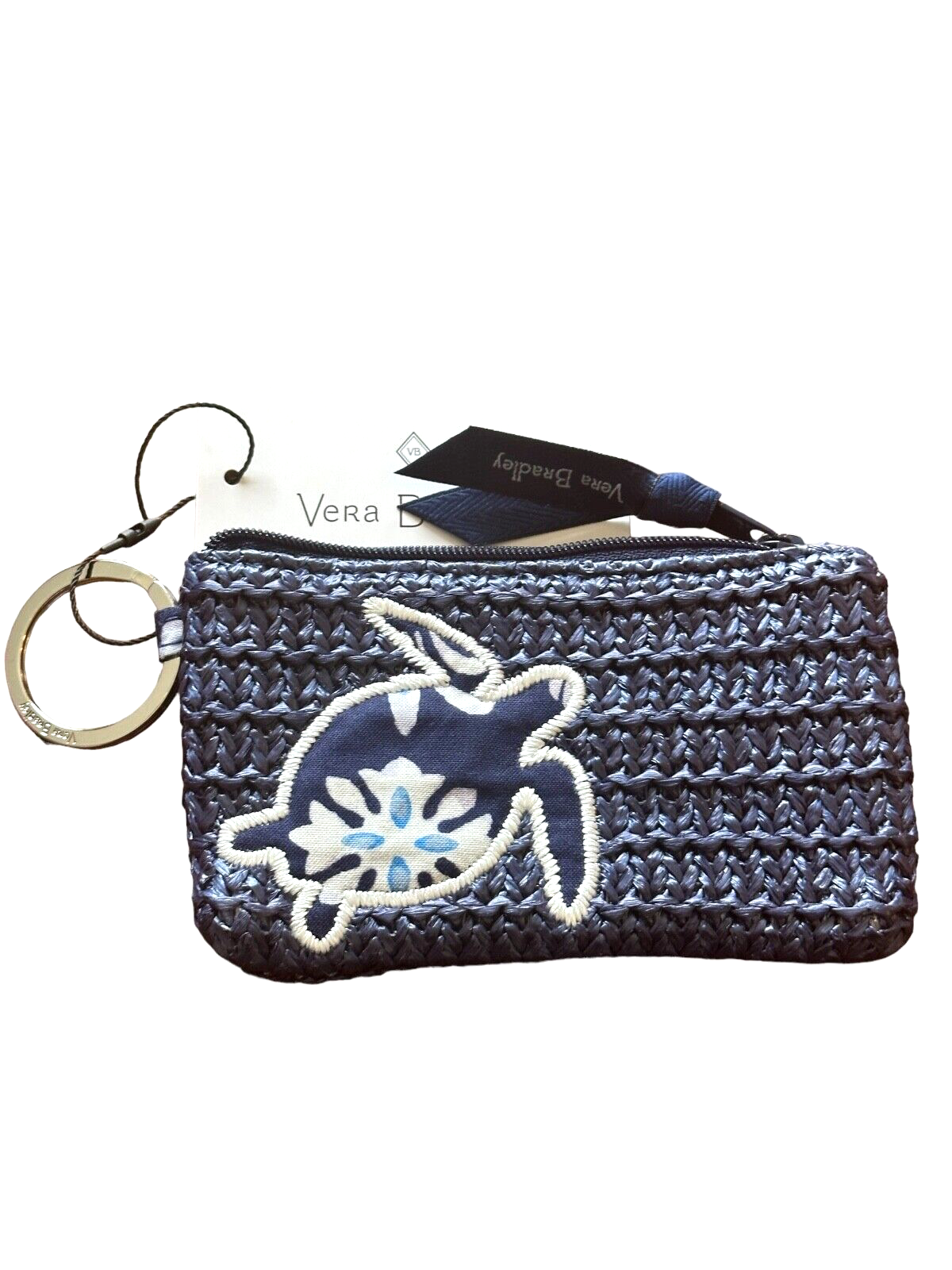 Vera Bradley Steel Blue Medallion Straw Zip ID Case -navy blue