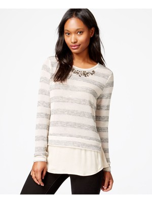 

MAISON JULES Женский серый свитер в полоску с бисером и длинными рукавами, украшенный вырезом Размер