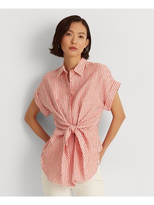 

Женский красный топ в полоску с манжетами и острым воротником на пуговицах RALPH LAUREN