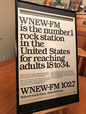 BIG 11X17 FRAMED ORIGINAL WNEW 102.7 FM NEW YORK CITY RADIO