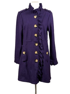 ISLE by Melis Kazan Beautiful Purple Ruffled Coat Sz M Wool Blend Big Button
