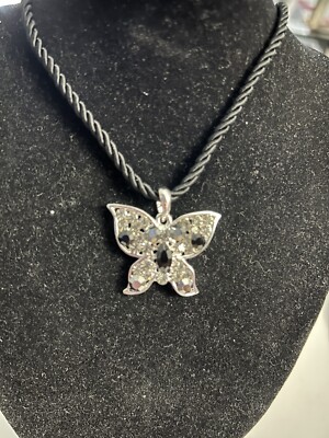 Cookie Lee Black Corded Necklace with Butterfly Austrian Crystal  Pendant  NWT