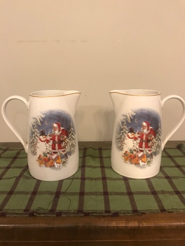 Pottery Barn Statement Santa White Pitcher with Santa/Snowman Trimmed In Gold.