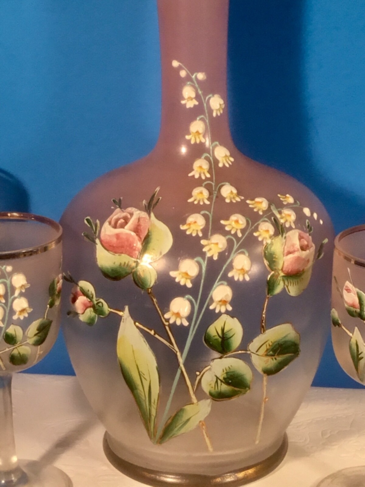Antique French Decanter 4 Glasses Enameled Roses Lily of the Valley, gl78