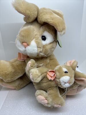 Russ Berrie APRICOT Plush Mama Holding Baby Bunny  16  Easter New With Tag