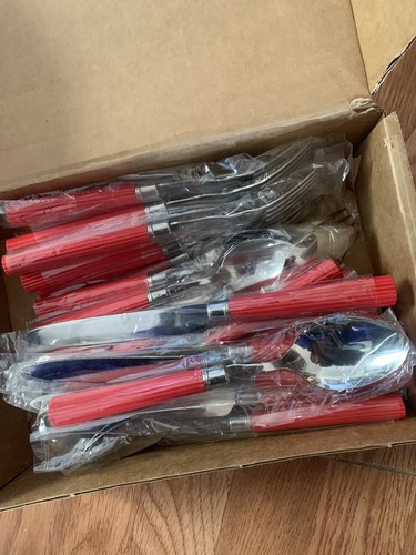 Vintage NEW Red Handle Stainless Steel 104 Piece Silverware  Set Thailand