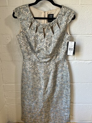 JAX NWT Dress sz 6 Silver Filigree Rhinestone Round Neck Pleated Pencil Dress