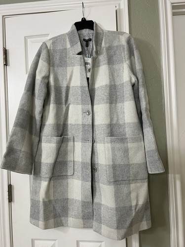 Pre-owned Eileen Fisher Xl  Darkpearl Wool Blend Multi Check Notch Collar Calf Len Coat In Gray