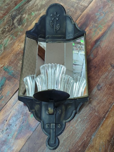 1960s Gothic Style Homco Black Metal Mirrored Wall Sconce Candle Holder