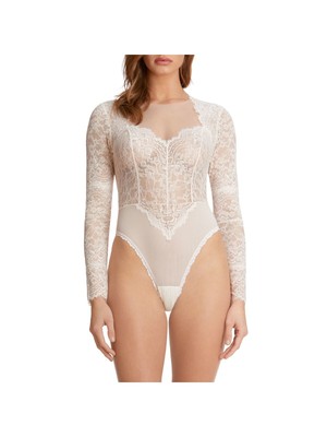 

MONIQUE LHUILLIER Intimates Бежевое боди с вырезом сердечком на спине Романтический, Бежевый