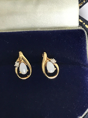 Opal Earrings 9ct Gold Opal and Clear Stone Drop Stud Gold Earrings