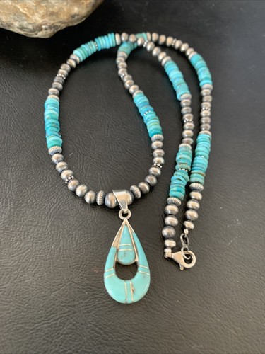 Pre-owned Handmade Womens Blue Turquoise Inlay Pendant Navajo Pearls Sterling Silver Necklace 12501