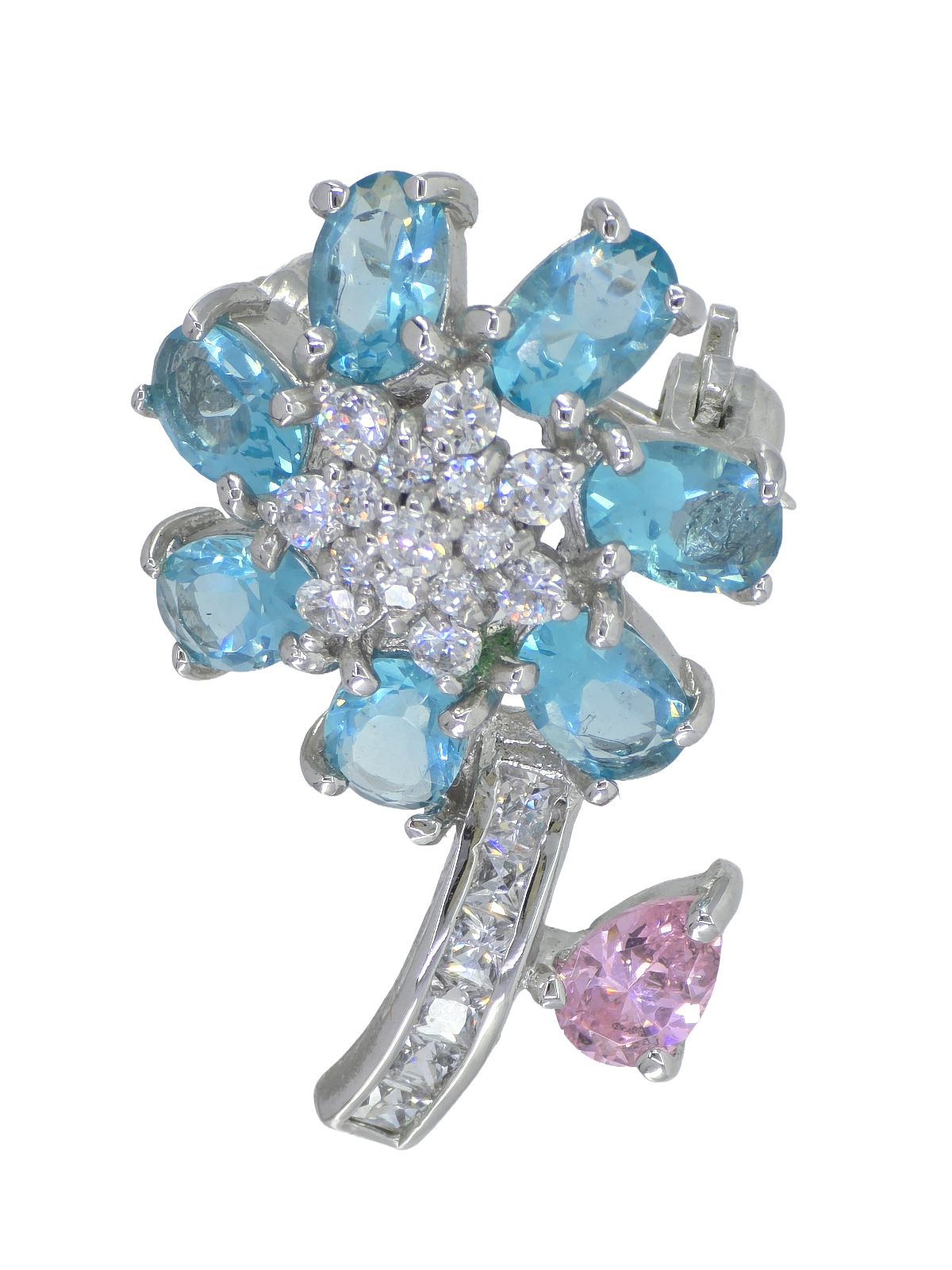VINTAGE 925 STERLING SILVER CZ JEWELED FLOWER PIN BROOCH ~ 1.25 inch /4.8 g