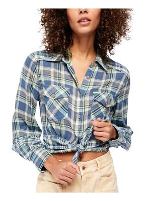 

Женский синий клетчатый топ на пуговицах с длинным рукавом и воротником FREE PEOPLE Размер