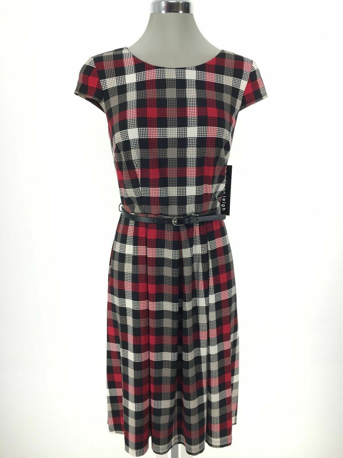 

Madison Leigh NWT Элегантное платье в клетку черного/слоновой кости/красного расклешенного кроя, размер, Черный