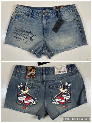 Don Ed Hardy Women s M  Born Free  Painted Birds Design Denim Cut Off Shorts NEW