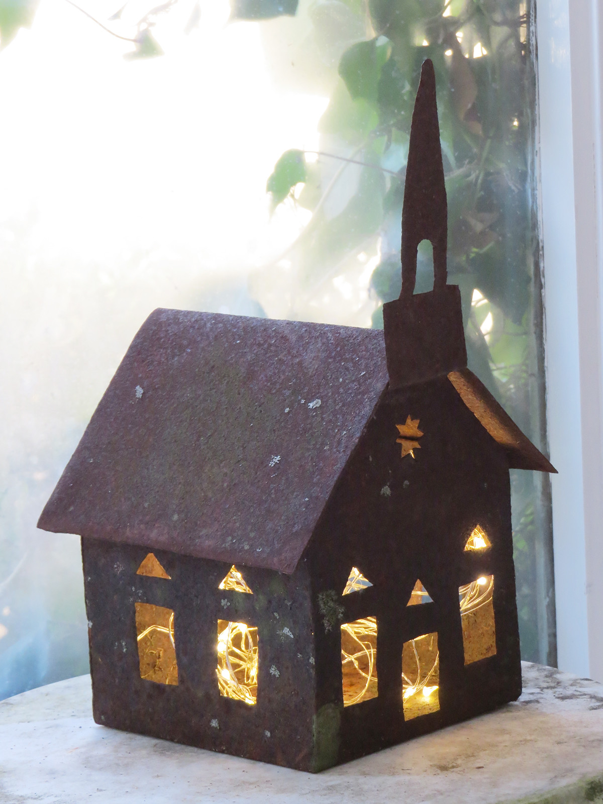 Old Mossy Rusty Iron Metal CHURCH w Steeple