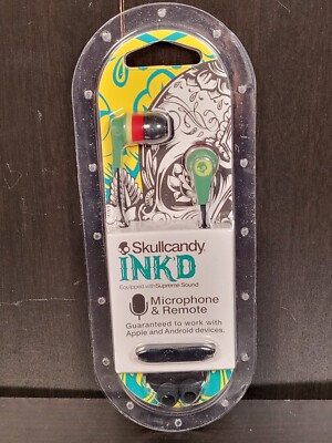 Skullcandy INK'D - New Earbud Headphones W/ Mic Flat Cable RASTA Color Pattern.